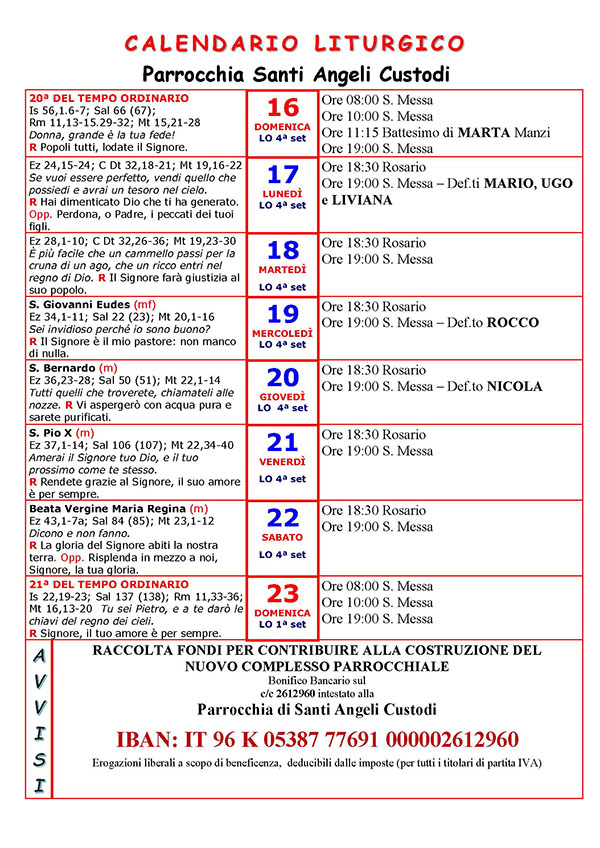 Programma settimanale del 16 08 2020
