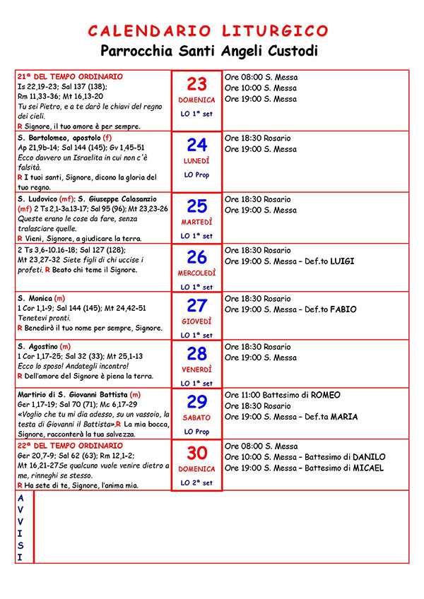 Programma settimanale del 23 08 2020
