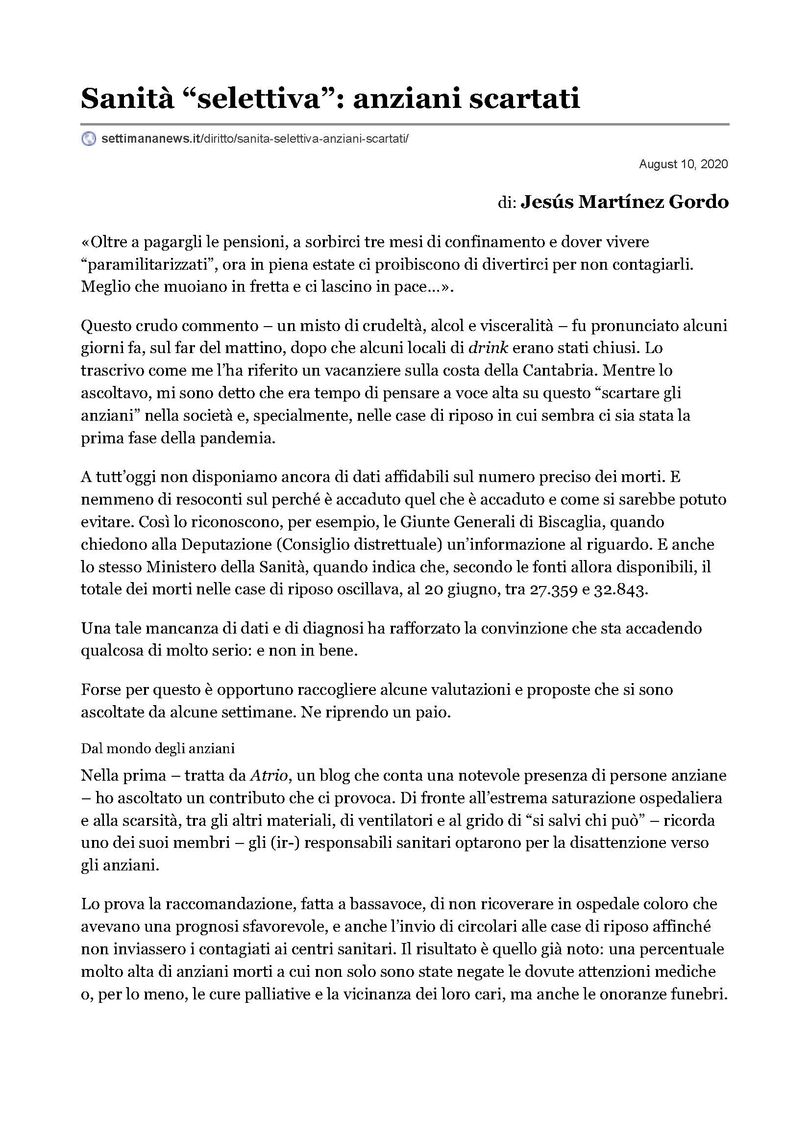 Sanità selettiva anziani scartati Pagina 1